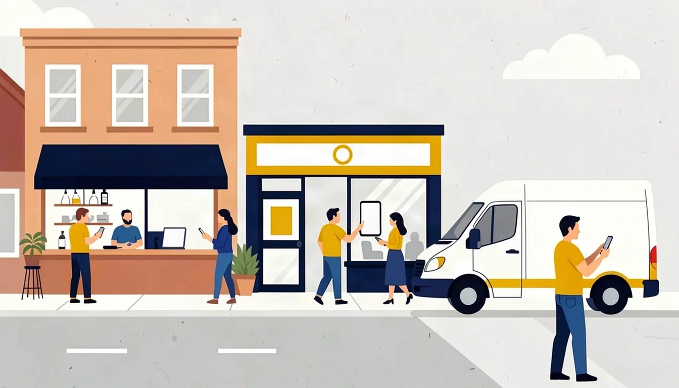 Customers using phones outside a cafe, neighborhood shop, and local service van