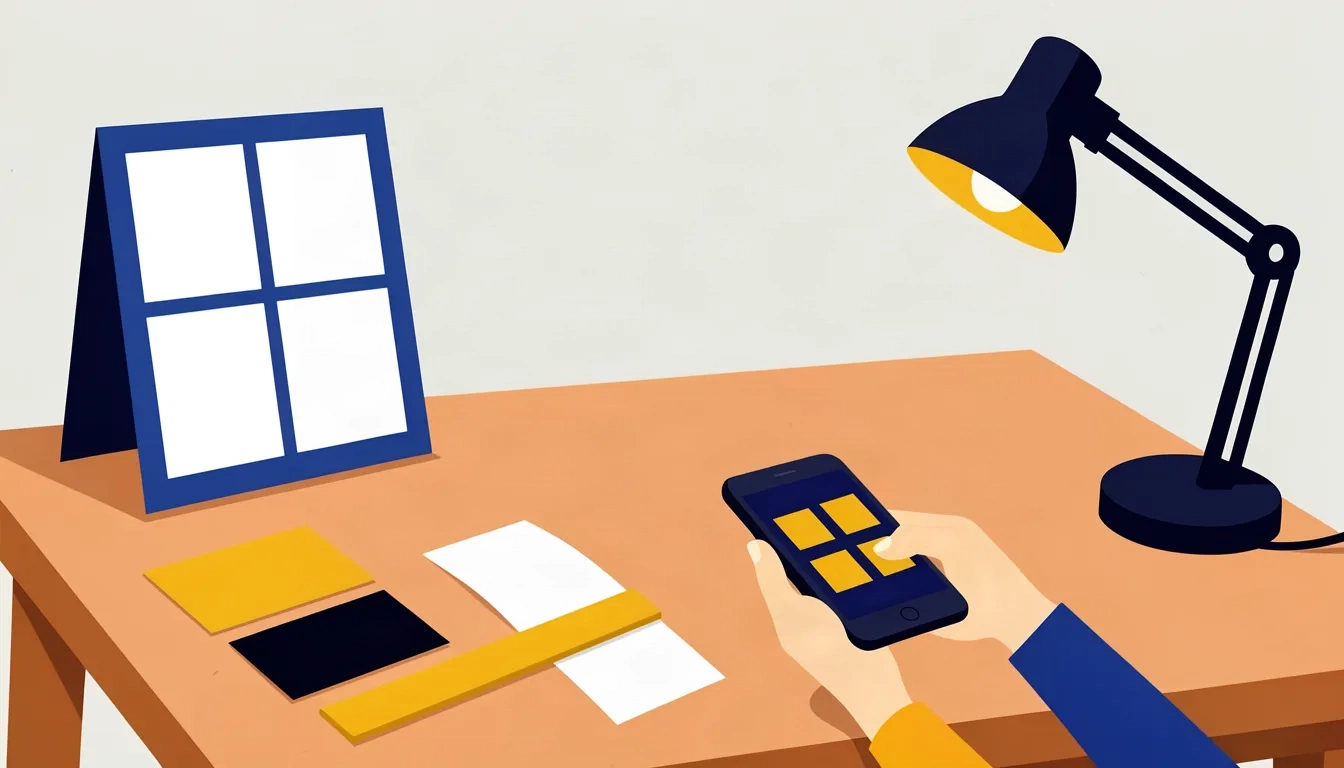 A phone testing an abstract scan marker beside print proofs, a ruler, and a desk lamp